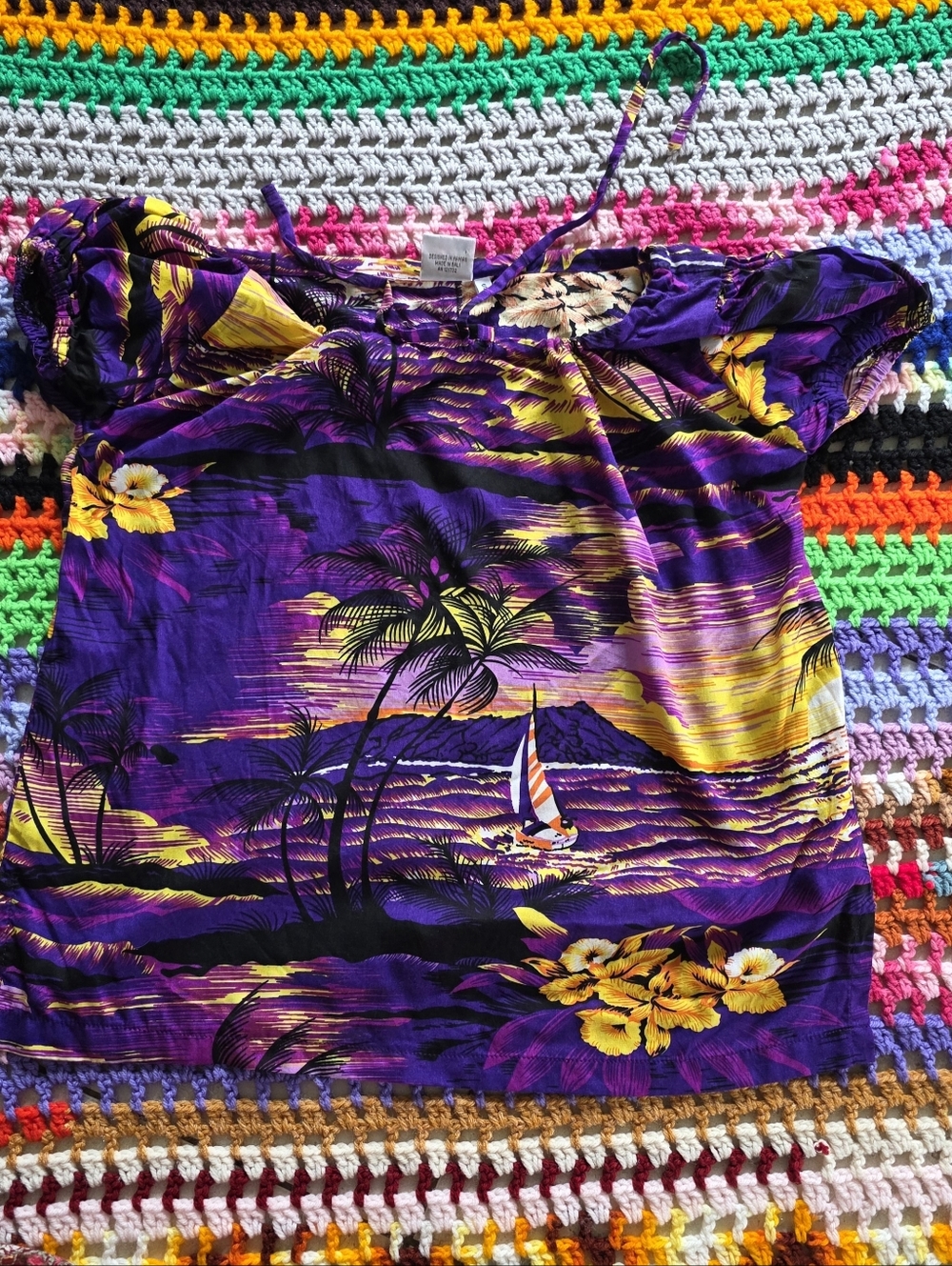 Blouse -Drawstring Shoulder Hawaiian Top Milk Maid Style - Blouse Aloha Shirt Sm